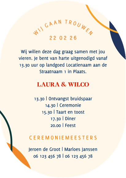 Ovale trouwkaart kunstig met abstracte vormen Achterkant