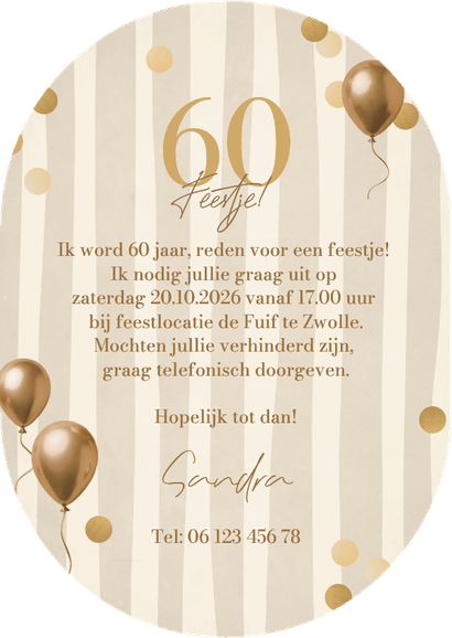 Ovale uitnodiging met grote cijfers ballonnen en confetti Achterkant