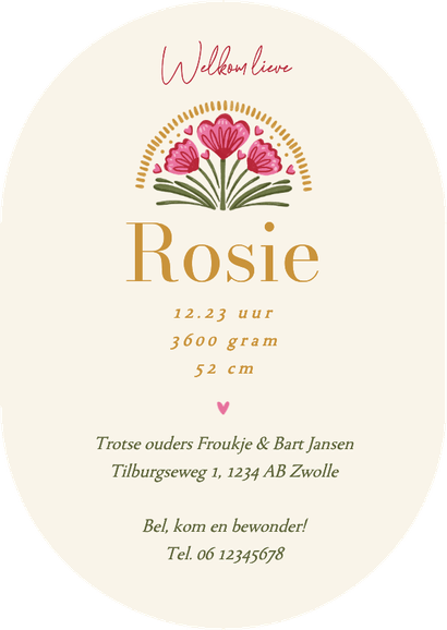 Pilvorm geboortekaartje bohemian bloemen trend zomer Achterkant