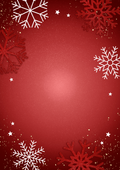 Rode kerstkaart Fijne Feestdagen sneeuwvlokken sterren, foto Achterkant
