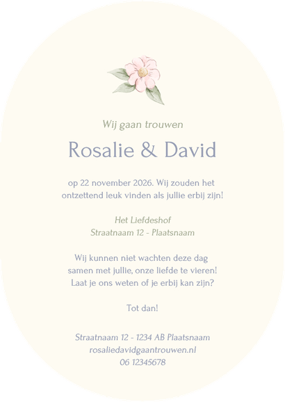 Romantische ovale trouwkaart strik met aquarel bloemen Achterkant