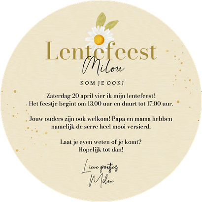 Rond communiekaartje madeliefjes waterverf goud spetters Achterkant