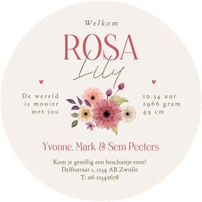 Rond geboortekaartje bloemen lente krans vintage lief Achterkant