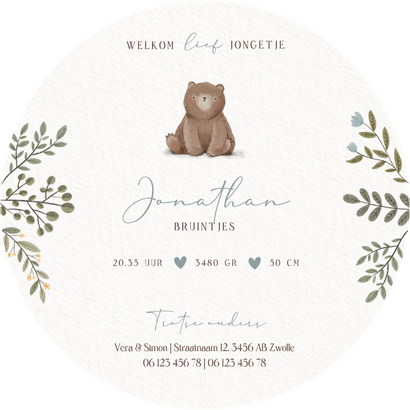 Rond geboortekaartje jongetje met beer plantjes en hartjes Achterkant