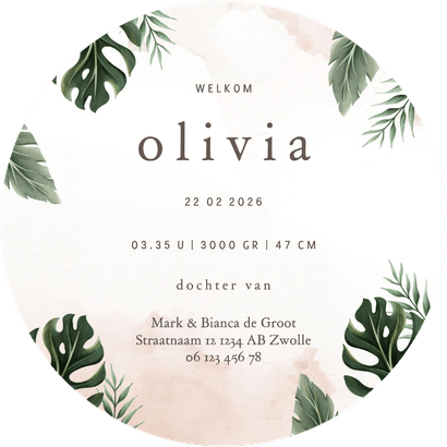 Rond geboortekaartje lief olifantje roze jungle thema Achterkant