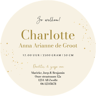 Rond geboortekaartje madeliefjes waterverf goud spetters Achterkant