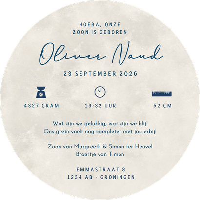 Rond geboortekaartje silhouet 2 broertjes in volle maan Achterkant