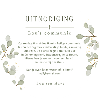 Ronde botanische communie uitnodiging Eucalyptus met visje Achterkant