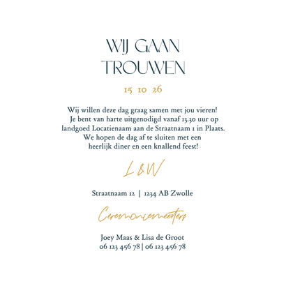 Ronde donkerblauwe trouwkaart met gouden hartjes Achterkant