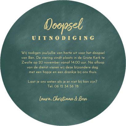 Ronde doopkaart foto en gouden visjes Achterkant