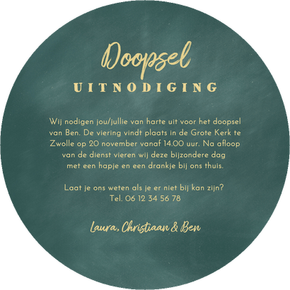 Ronde doopkaart foto en gouden visjes Achterkant