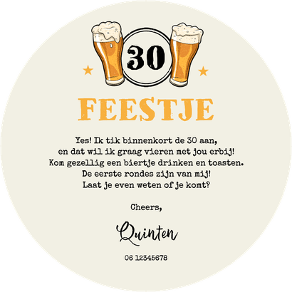 Ronde kaart bierviltje uitnodiging verjaardag bier stoer Achterkant