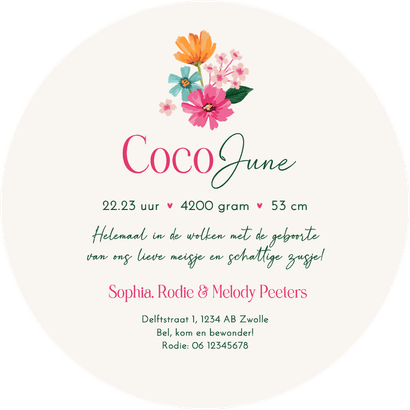 Ronde kaart geboortekaartje meisje bloemen lente zomer kleur Achterkant