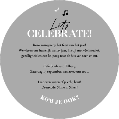 Ronde kaart jubileumfeest zilveren plaat vinyl 25 jaar feest Achterkant