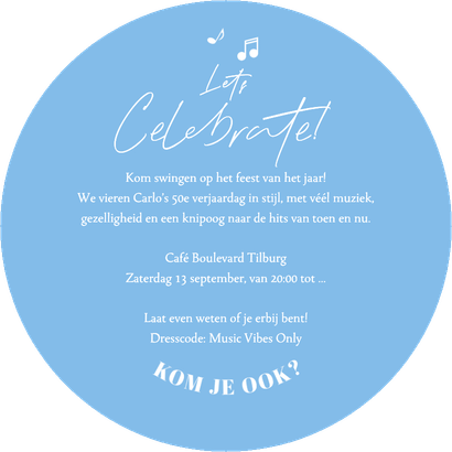 Ronde kaart LP vorm uitnodiging 50 jaar muziek feestje Achterkant