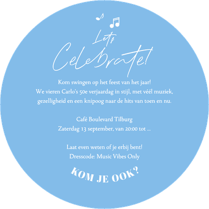 Ronde kaart LP vorm uitnodiging 50 jaar muziek feestje Achterkant