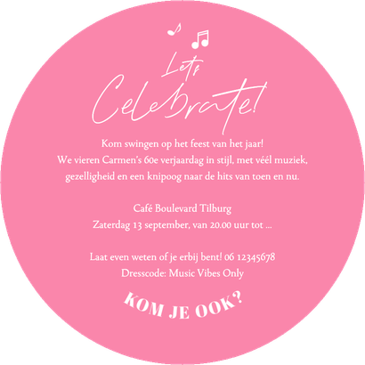 Ronde kaart roze LP vorm uitnodiging 60 jaar muziek feestje  Achterkant