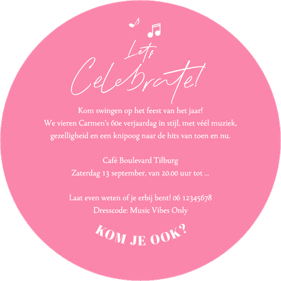 Ronde kaart roze LP vorm uitnodiging 60 jaar muziek feestje Achterkant