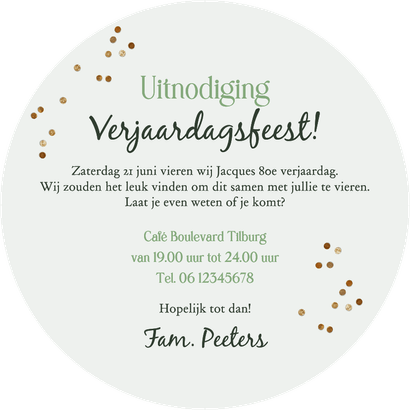 Ronde kaart uitnodiging verjaardag feest 80 jaar foto goud Achterkant