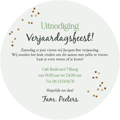 Ronde kaart uitnodiging verjaardag feest 80 jaar foto goud Achterkant
