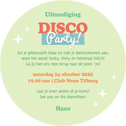 Ronde kaart vorm discobal kleurrijk disco feestje foto Achterkant