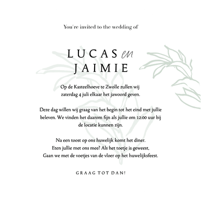 Ronde moderne trouwkaart botanische bladeren Achterkant