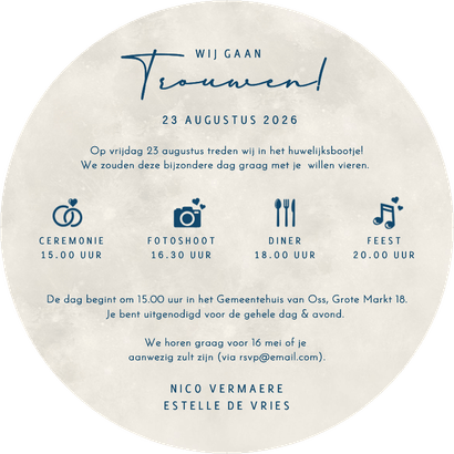 Ronde trouwkaart volle maan met silhouet bruidspaar Achterkant