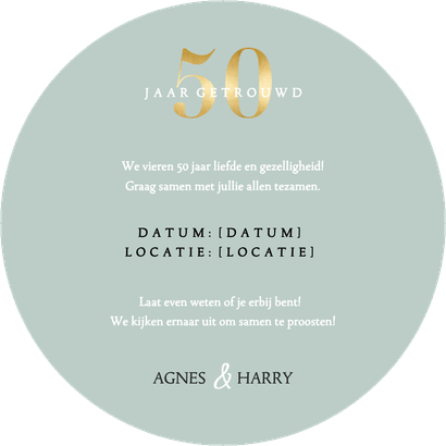 Ronde uitnodiging 50-jarig jubileumfeest witte bloemen Achterkant