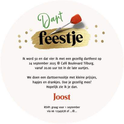 Ronde uitnodiging dart feestje verjaardag kroeg Achterkant