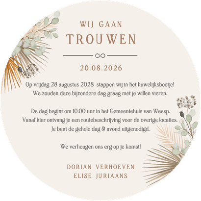 Ronde uitnodiging trouwen droogbloemen en eucalyptus Achterkant