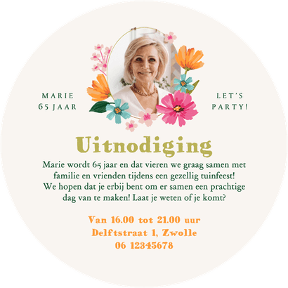 Ronde uitnodigingskaart tuinfeest bloemen lente zomer kleur Achterkant