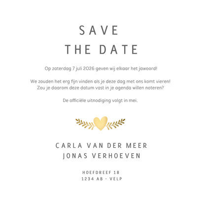 Ronde witte trouwkaart met goudlook duifjes Achterkant