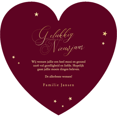 Rood nieuwjaarskaartje hartje gelukkig nieuwjaar goudfolie Achterkant