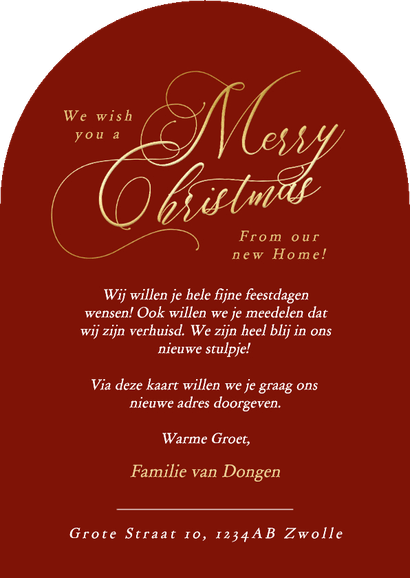 Rood verhuiskaartje kerst met foto new home boog Achterkant