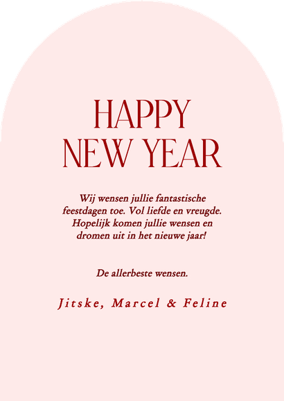 Roze foto nieuwjaarskaart met rode strik boogvorm Achterkant