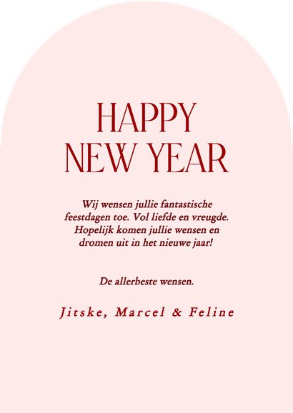 Roze foto nieuwjaarskaart met rode strik boogvorm Achterkant