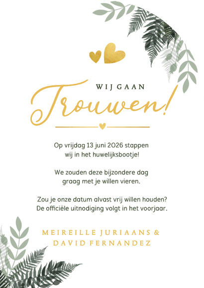 Save the Date kaart botanische jungle boogvorm met kalender Achterkant