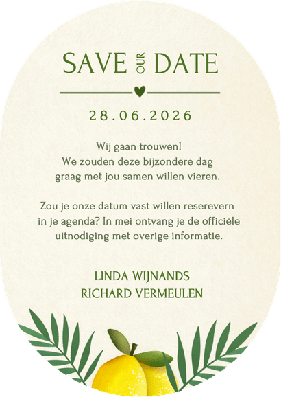 Save the Date kaart zomers in ovaal vorm met citroenen  Achterkant