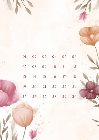 Save the date kalender waterverf bloemen met | Kaartje2go