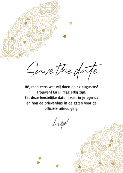 Save the date trouwkaart mandala foto hartjesconfetti Achterkant