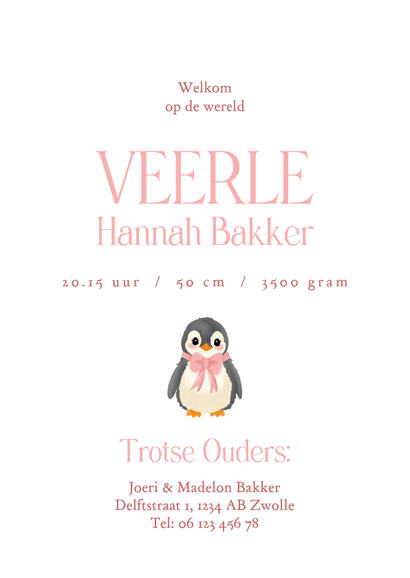 Schattig geboortekaartje meisje met pinguin boogvorm Achterkant