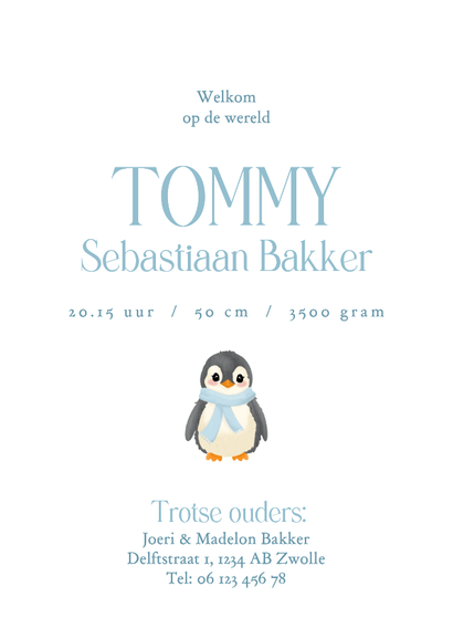 Schattig wit geboortekaartje met pinguin boogvorm Achterkant