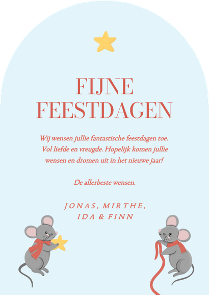 Schattige kerstkaart boogvorm met muisjes en kerstboom Achterkant