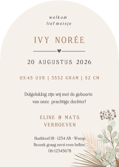 Stijlvol botanisch geboortekaartje natuurtinten met foto Achterkant