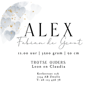 Stijlvol geboortekaartje hartjes watercolor blauw klassiek Achterkant