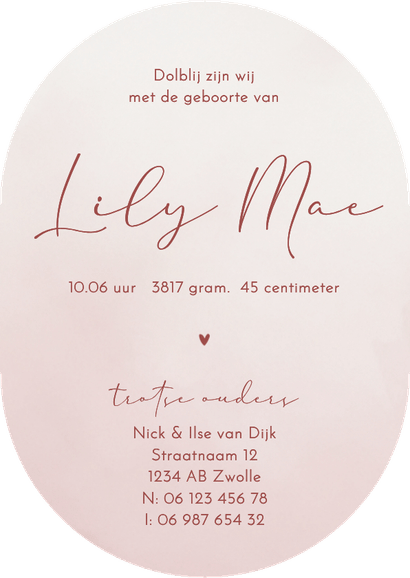 Stijlvol geboortekaartje waterverf ovaal roze Achterkant