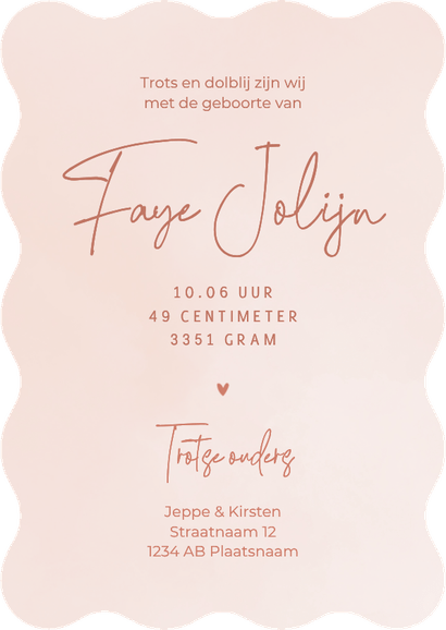 Stijlvol geboortekaartje wave voorletter baby roze wolkjes Achterkant