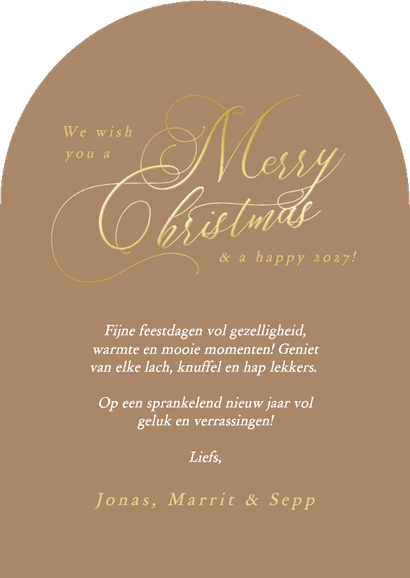 Stijlvolle beige fotokaarten kerst met goud in boogvorm Achterkant