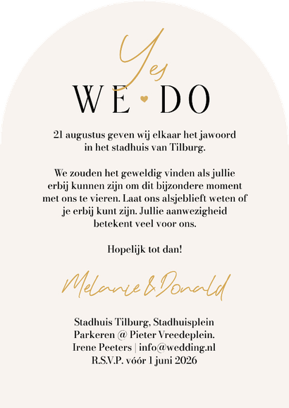 Stijlvolle boogkaart trouwen datum grafisch eenvoudig Achterkant