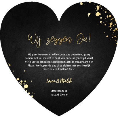 Stijlvolle hartvorm trouwkaart goud met spetters krijtbord Achterkant